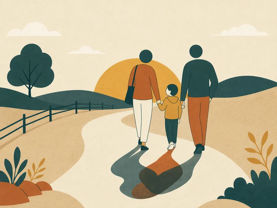 A blended family walking together along a path