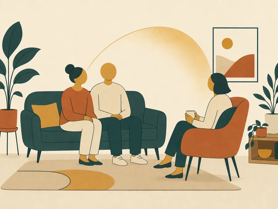 Two people sitting close together on a couch, talking