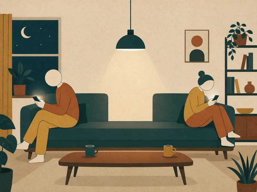 Two people on a sofa looking at their phones, not at each other